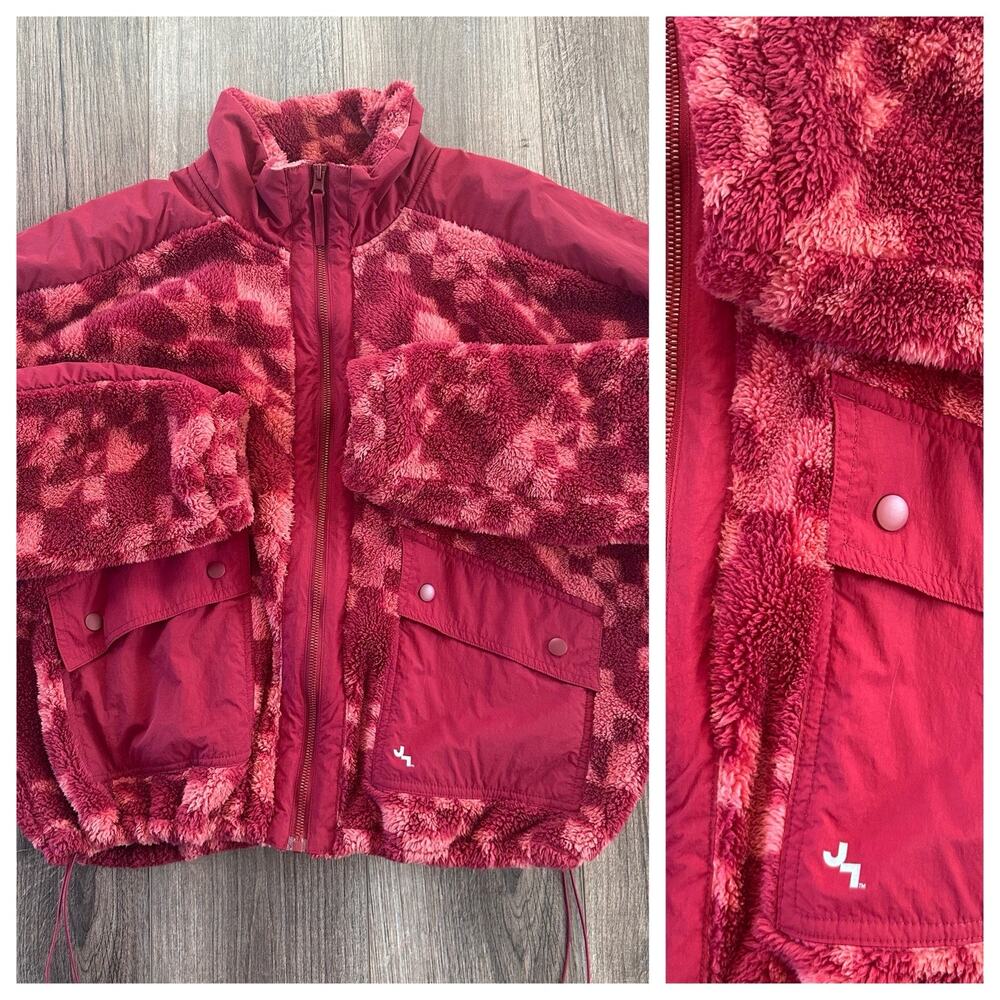 Joy Lab Oversized Loose Fit Fleece Jacket in Red Wine Geo Print XL